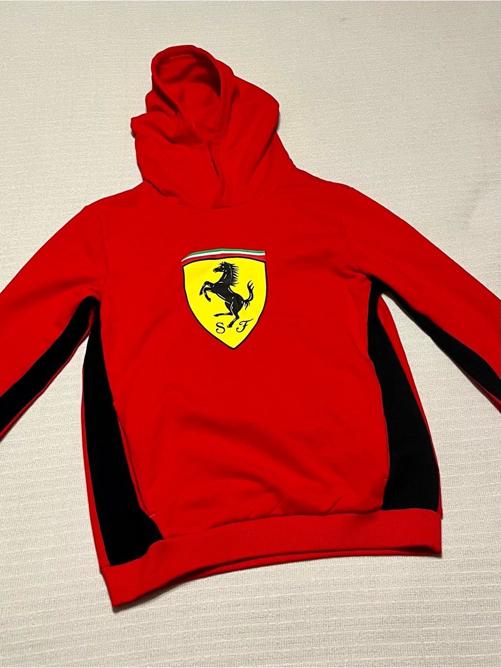 Puma Red Hoodie with Yellow Shield Logo and Black Panels
